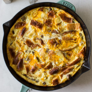 Overhead photo of an egg strata in a skillet