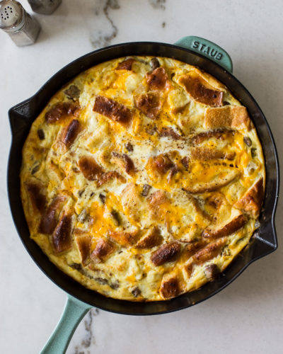 Overhead photo of an egg strata in a skillet