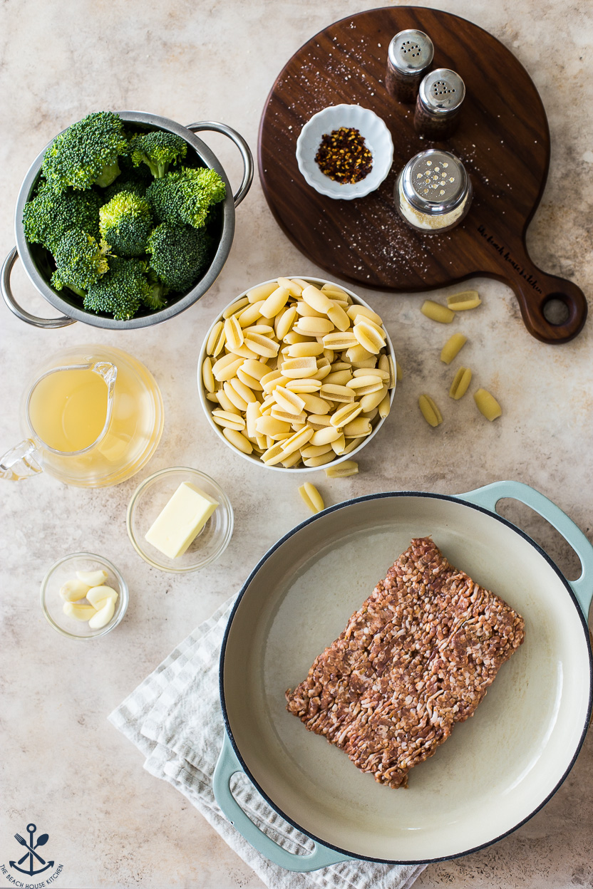 Overhead photo of ingredients for cavatelli with Italian sausage and broccoli 