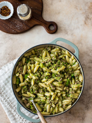 Overhead photo of a skillet of Cavatelli with Italian Sausage and Broccoli