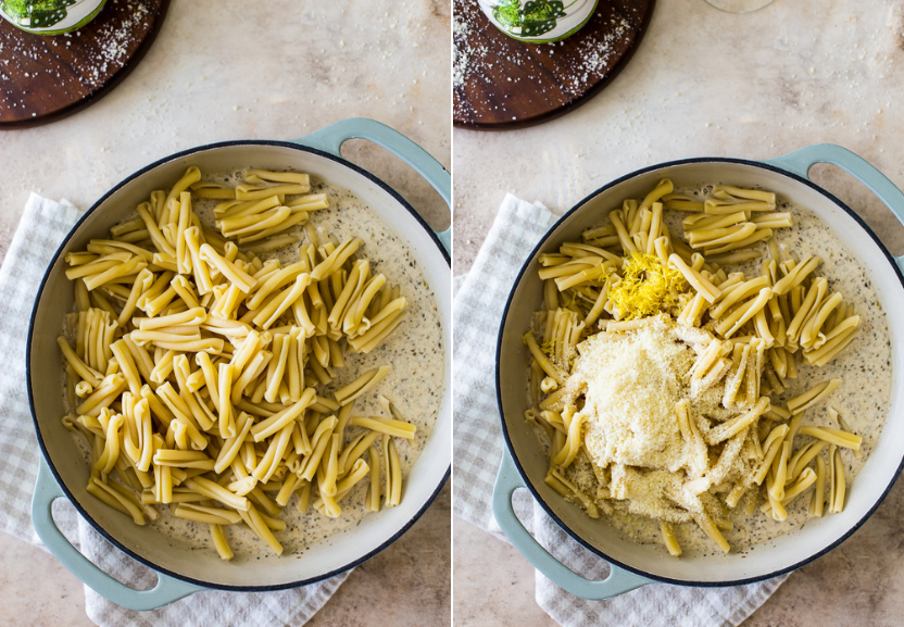 A diptich with a skillet of pasta and a skillet with pasta topped with Parmesan cheese and lemon zest