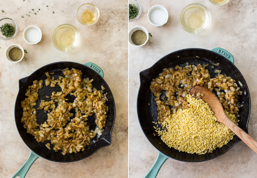 Diptich of a photo of a skillet of caramelized onions and a skillet of caramelized onions and dry orzo