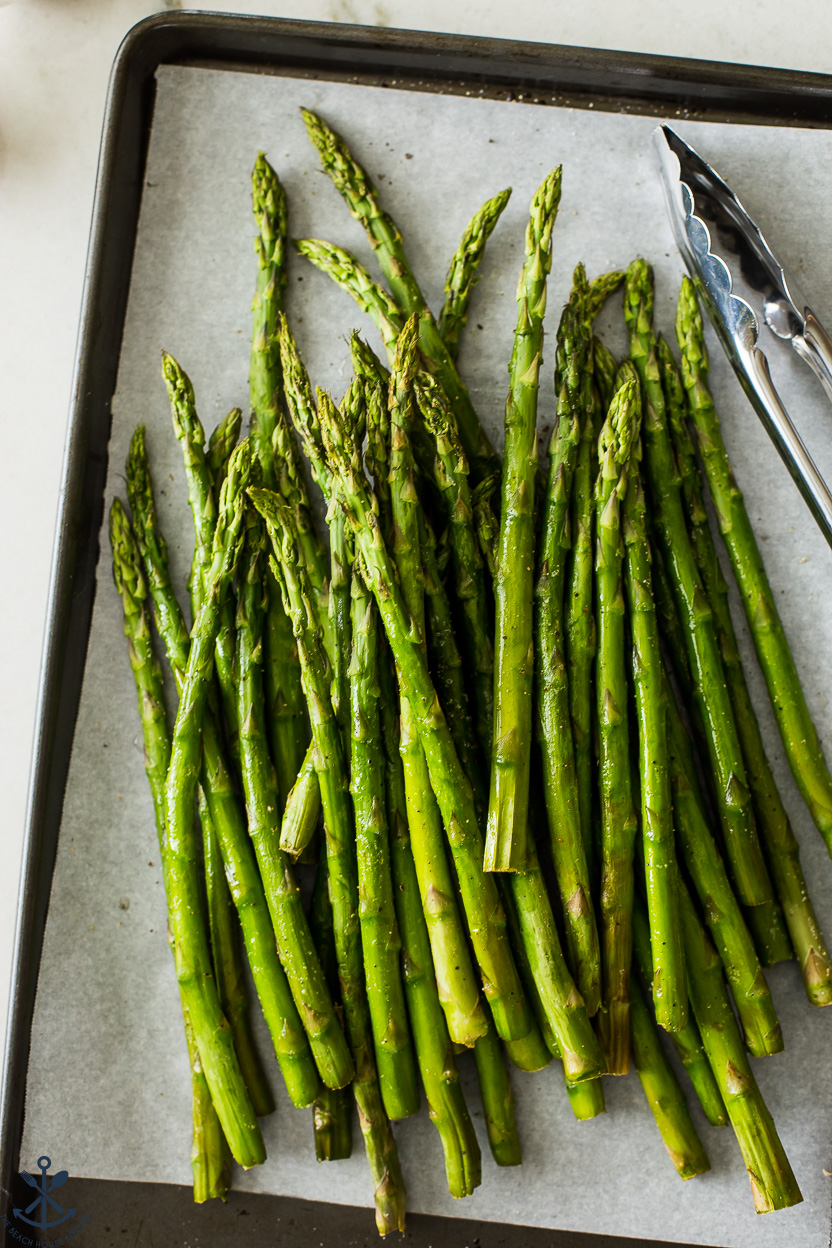 Overhead photo of a tray of grilled asparagus