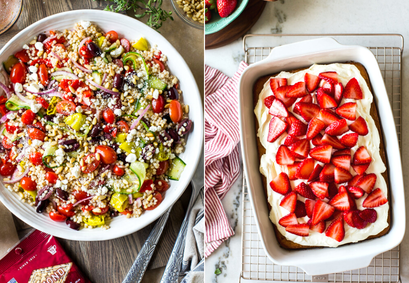 Diptich of Greek Couscous salad and strawberry topped sheet cake