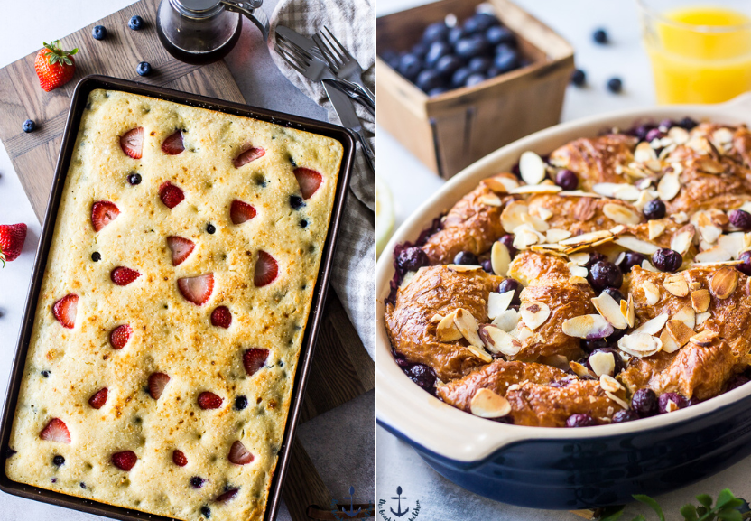 Diptich of sheet pan fruit pancakes anb a blueberry bread pudding