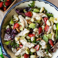 Chicken Strawberry Avocado Pasta Salad with Poppy Seed Dressing long Pinterest pin