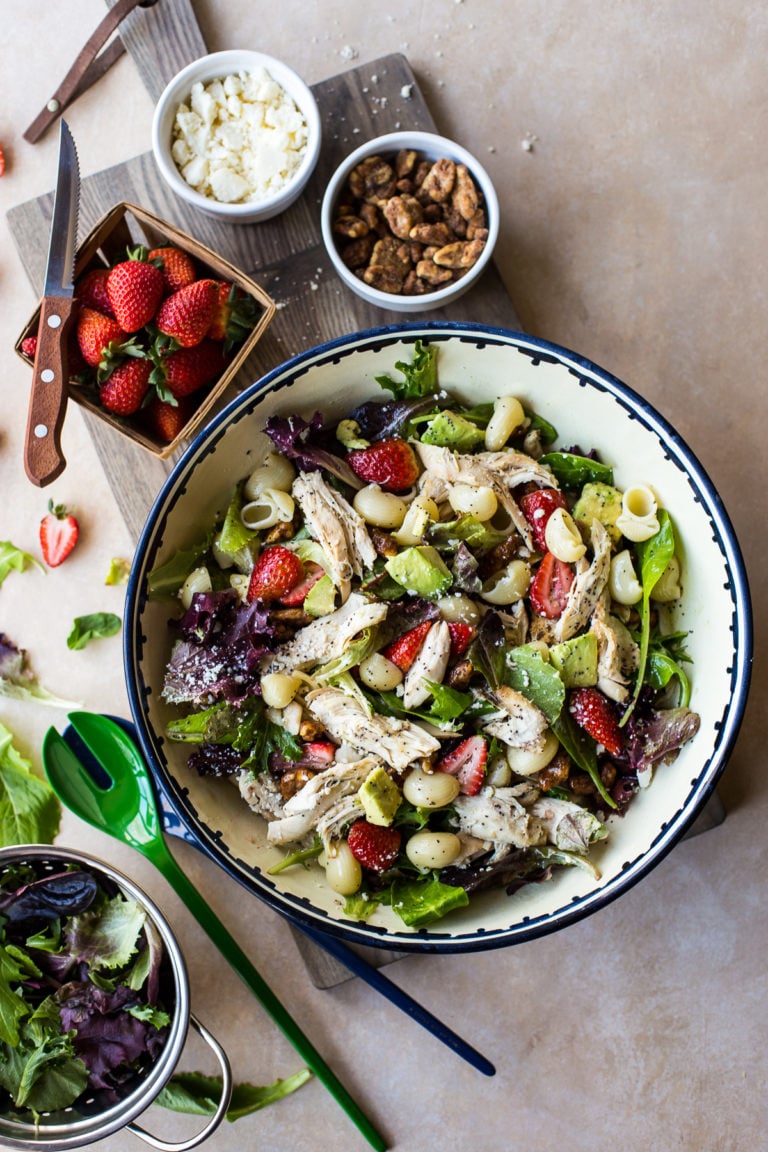 Chicken Strawberry Avocado Pasta Salad with Poppy Seed Dressing