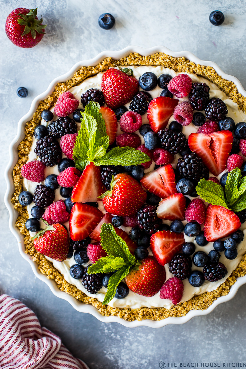 Up close overhead photo of a tart topped with fresh berries
