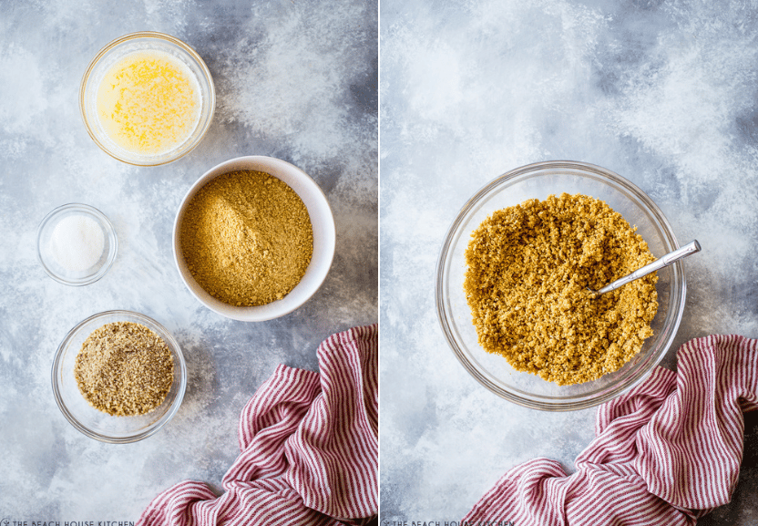 Two side by side photos of ingredients for a graham cracker crust in bowls