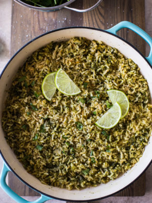 Overhead photo of green rice in a skillet
