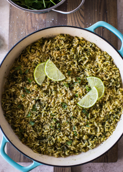 Overhead photo of green rice in a skillet