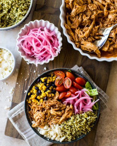 Overhead photo of a honey chipotle chicken bowl