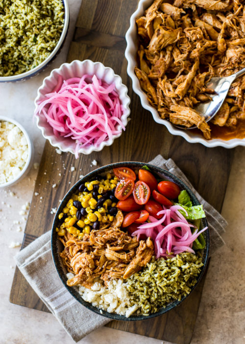 Overhead photo of a honey chipotle chicken bowl