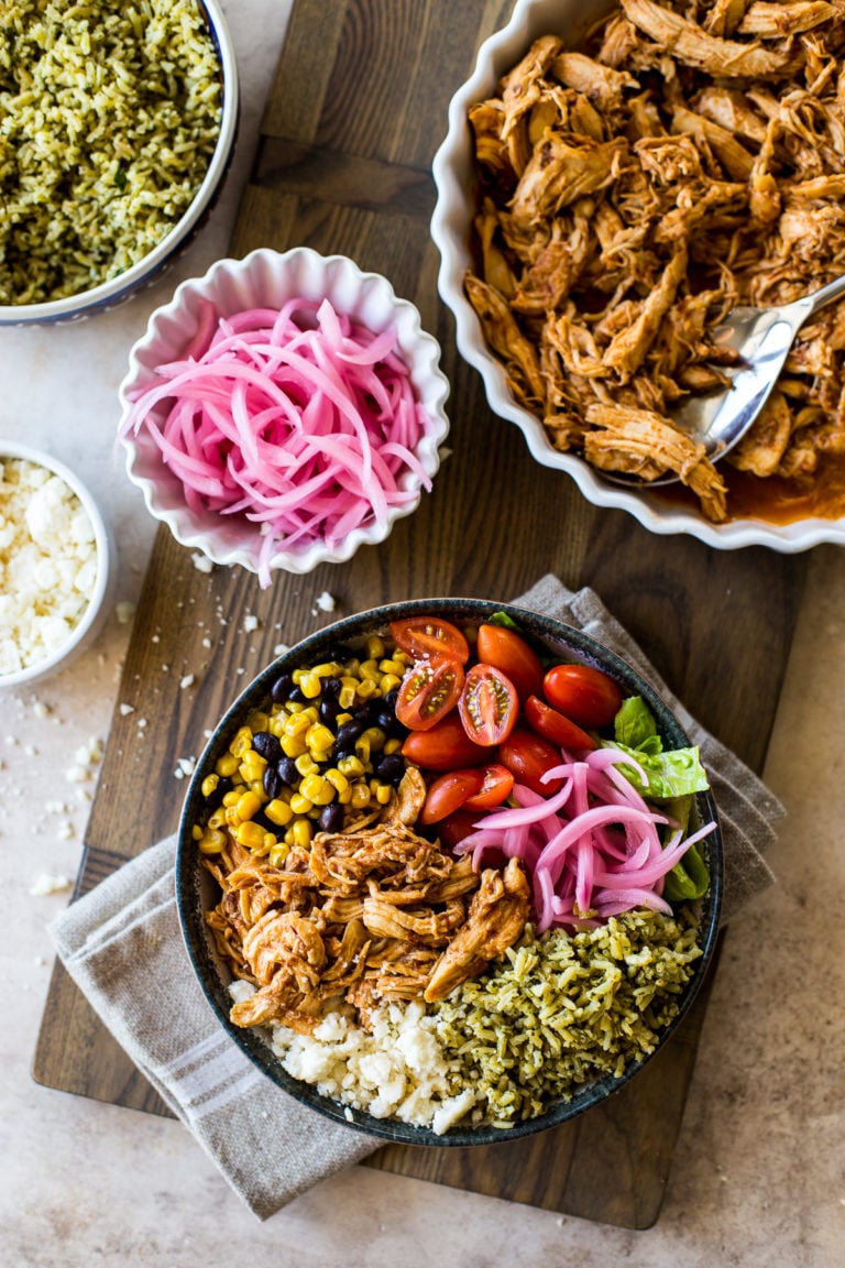 Overhead photo of a honey chipotle chicken bowl