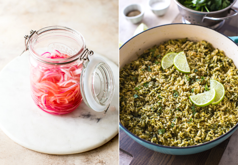 One photo of a jar of pickled red onions and another photo of a dish of green rice
