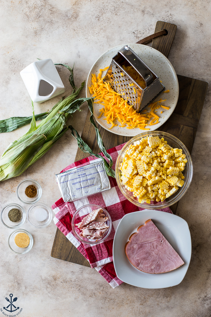 Overhead photo of ingredients for Kansas City-Style Corn dish on a wooden board