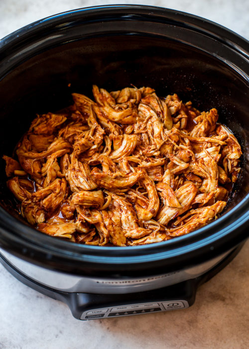 Shredded Honey Chipotle Chicken in a slow cooker