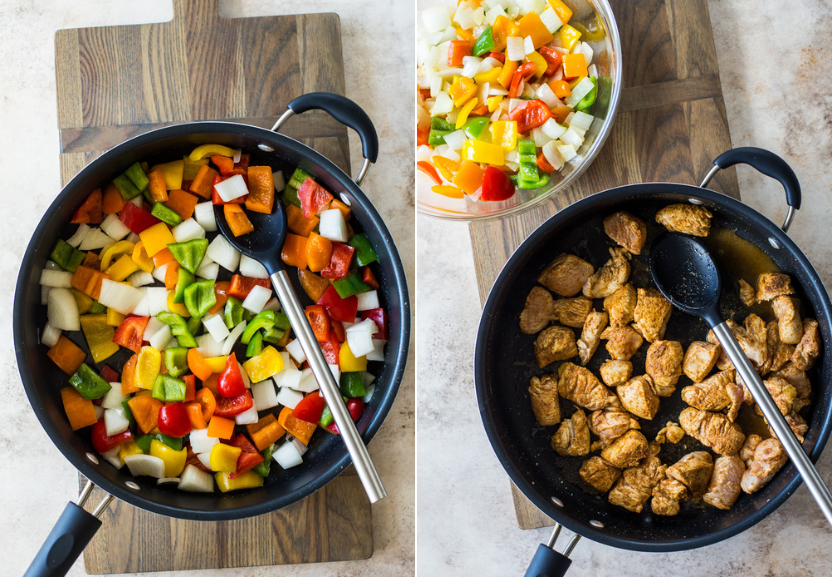 Diptich of skillet of veggies and a skillet of cooked chicken pieces