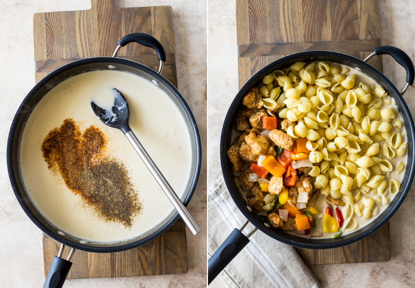 Diptich of a skillet of cream sauce and a skillet of pasta, veggies and chicken