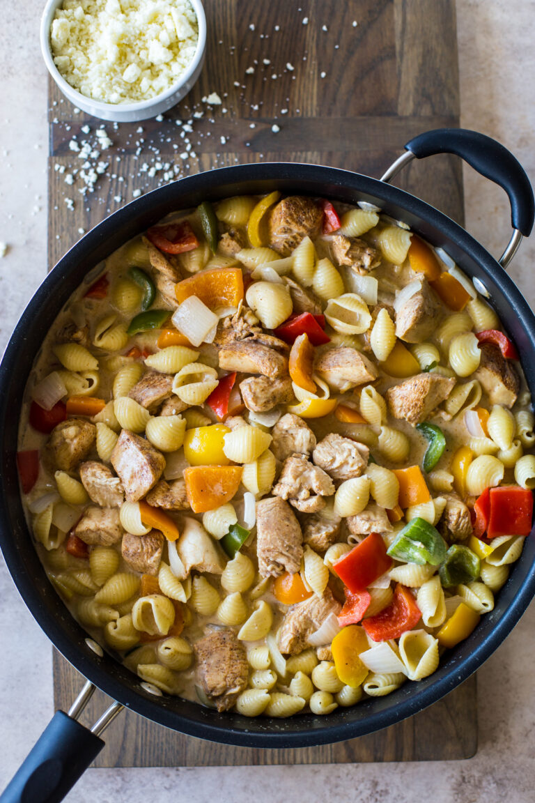 Chicken fajita pasta dinner in a skillet