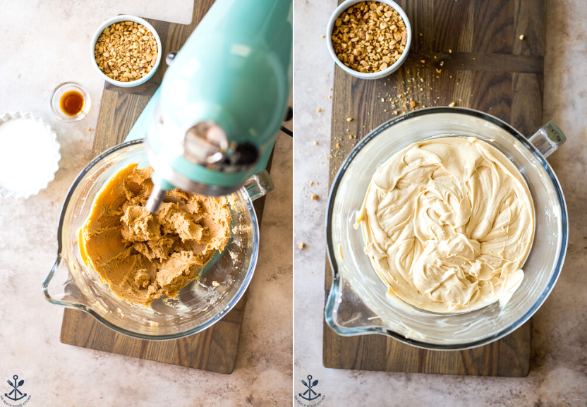 Diptich of peanut butter frosting in a glass bowl