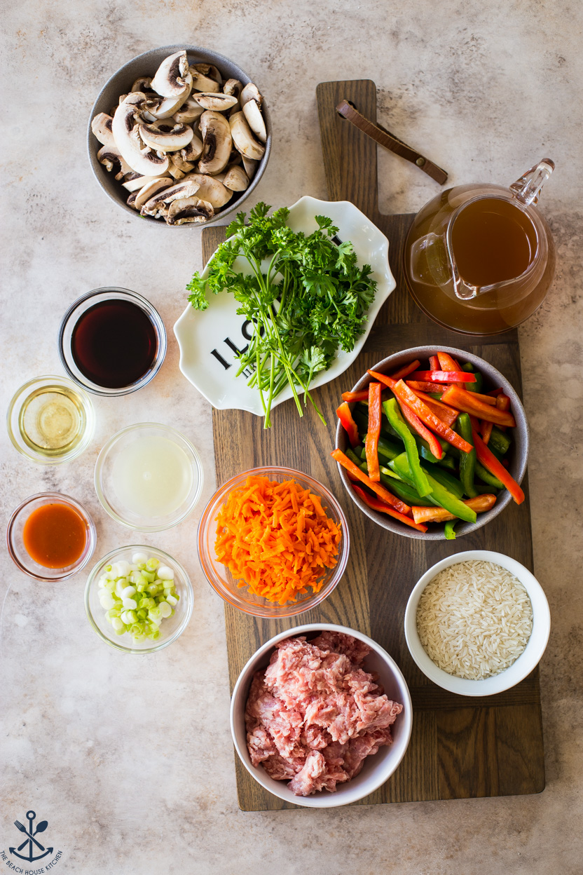 Overhead photo of ingredients in bowls for a Thai Pork Stir-Fry dinner