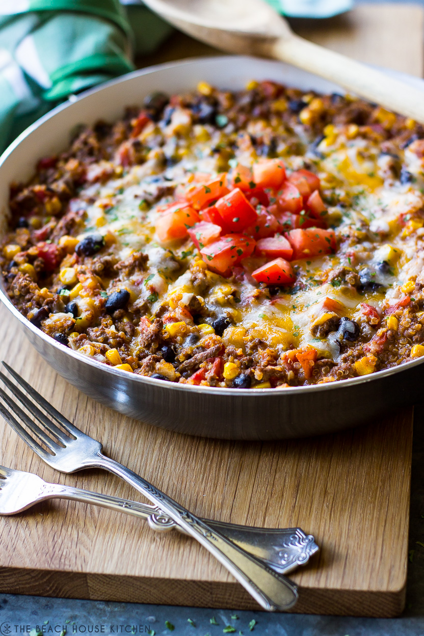 Up close photo of a beef and quinoa enchilada skillet