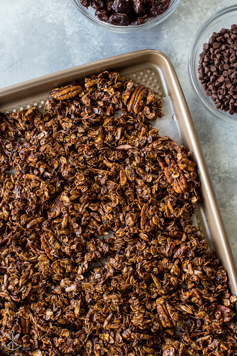 Up close overhead photo of a tray of chocolate cherry granola