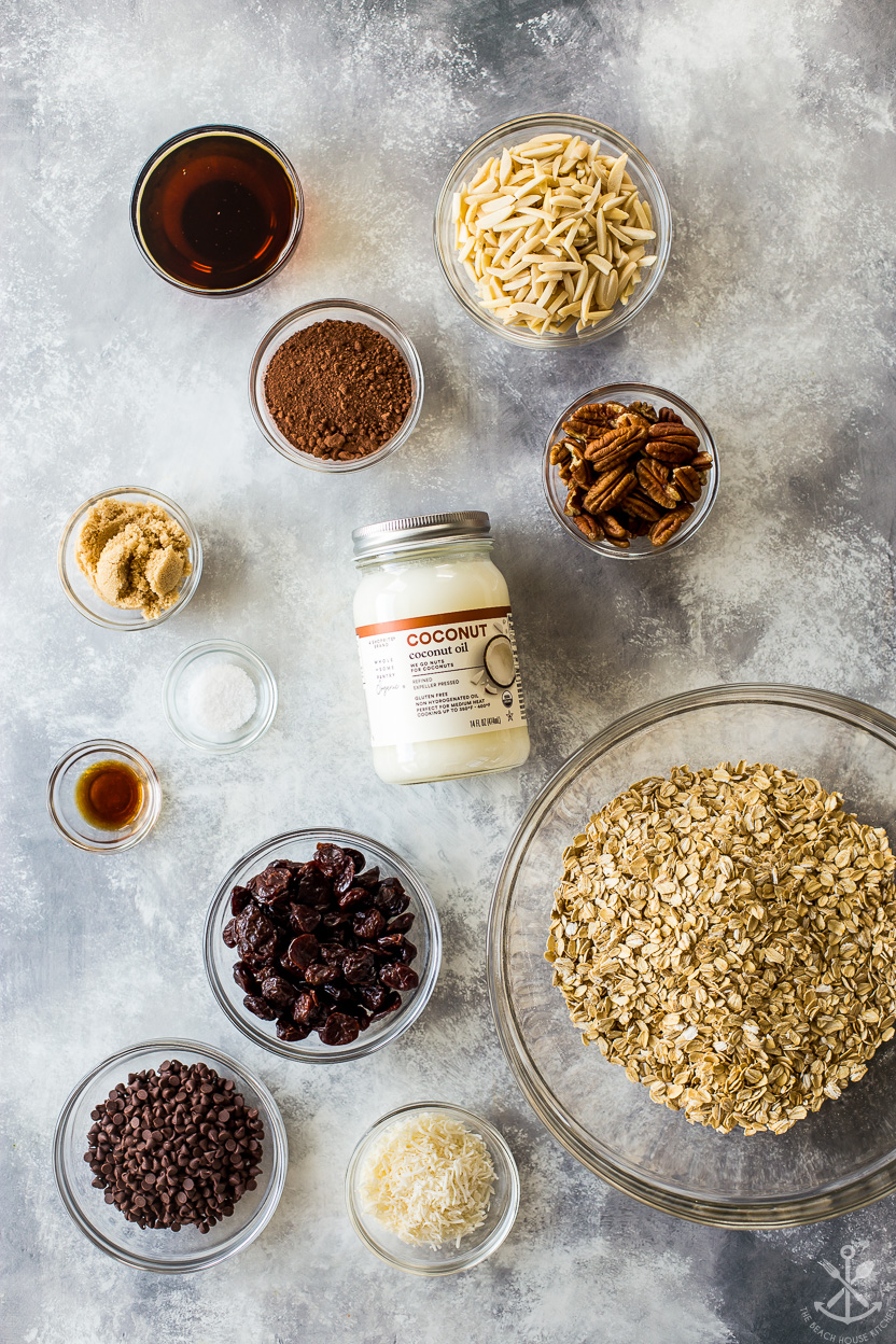 Overhead photo of ingredients for chocolate cherry granola