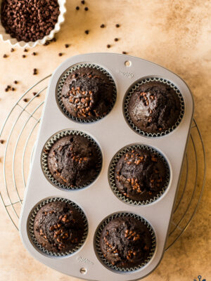 Overhead photo of a muffin tin of Jumbo Chocolate Muffins
