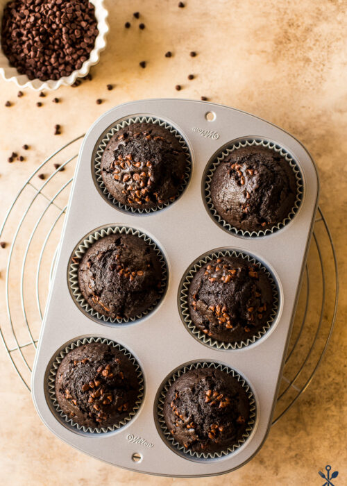 Overhead photo of a muffin tin of Jumbo Chocolate Muffins