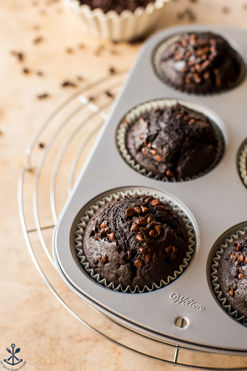 Up close photo of a chocolate jumbo muffin topped with chocolate chips