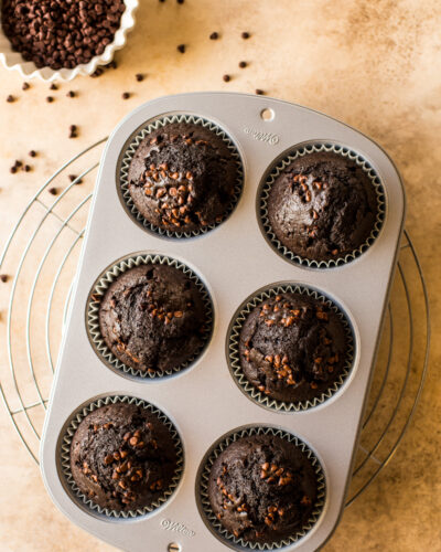 Overhead photo of Jumbo Chocolate Espresso Muffins in a six muffin pan