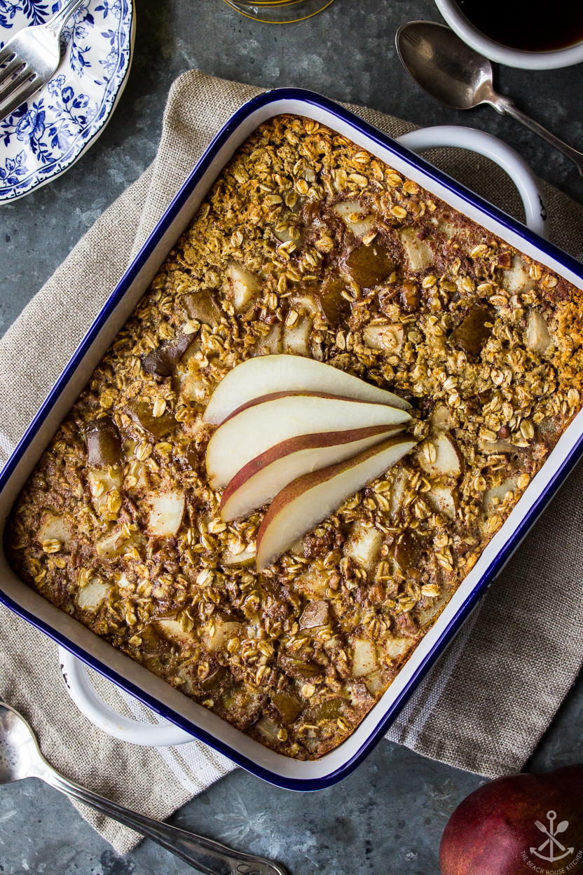 Overhead photo of a baking dish of cherry pear baked oatmeal