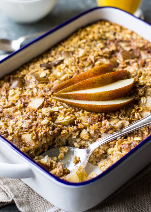 A baking dish filled with Cherry pear baked oatmeal