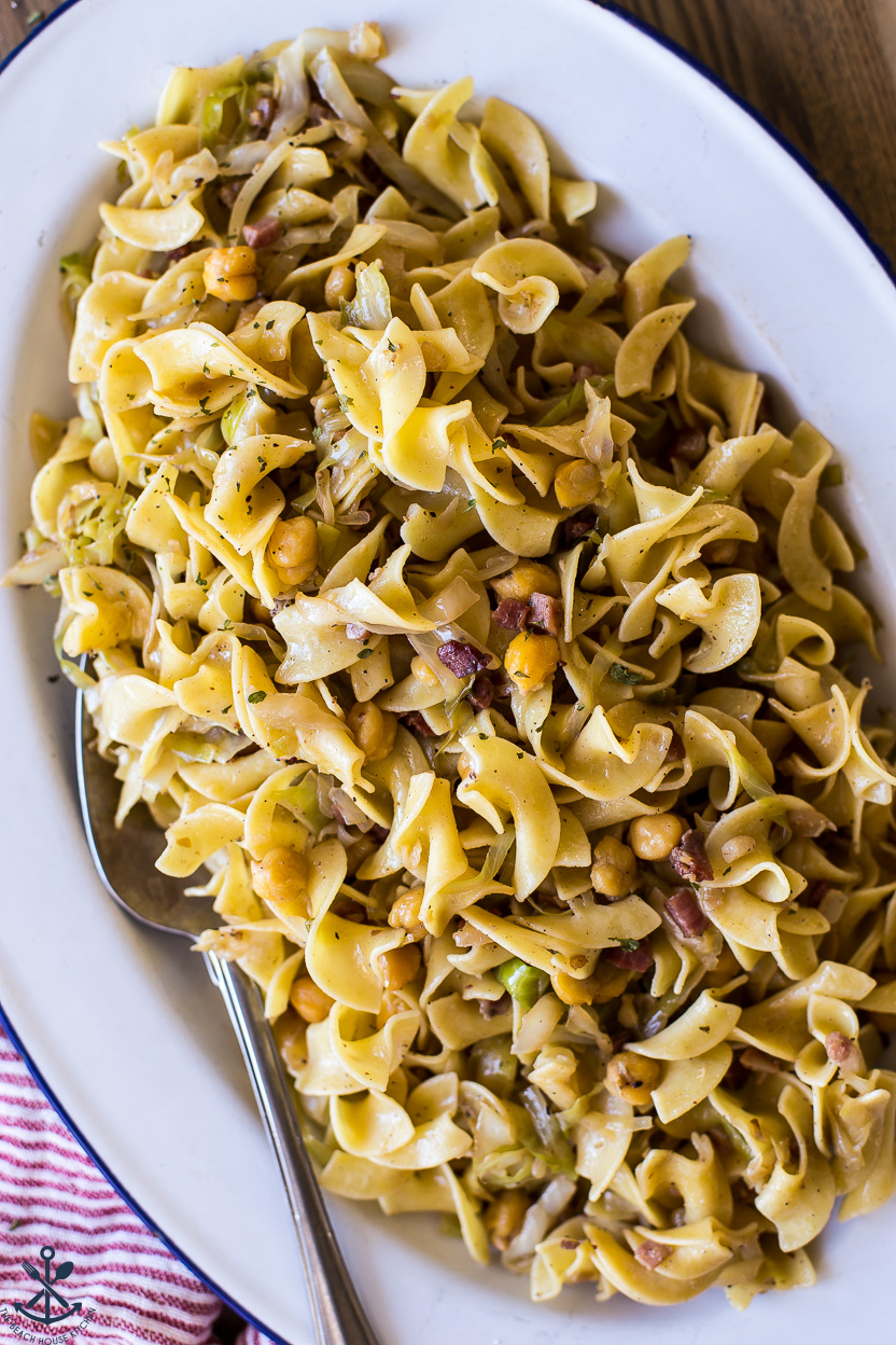 Up close overhead photo of a plate of Pasta with Sautéed Cabbage, Chickpeas and Pancetta