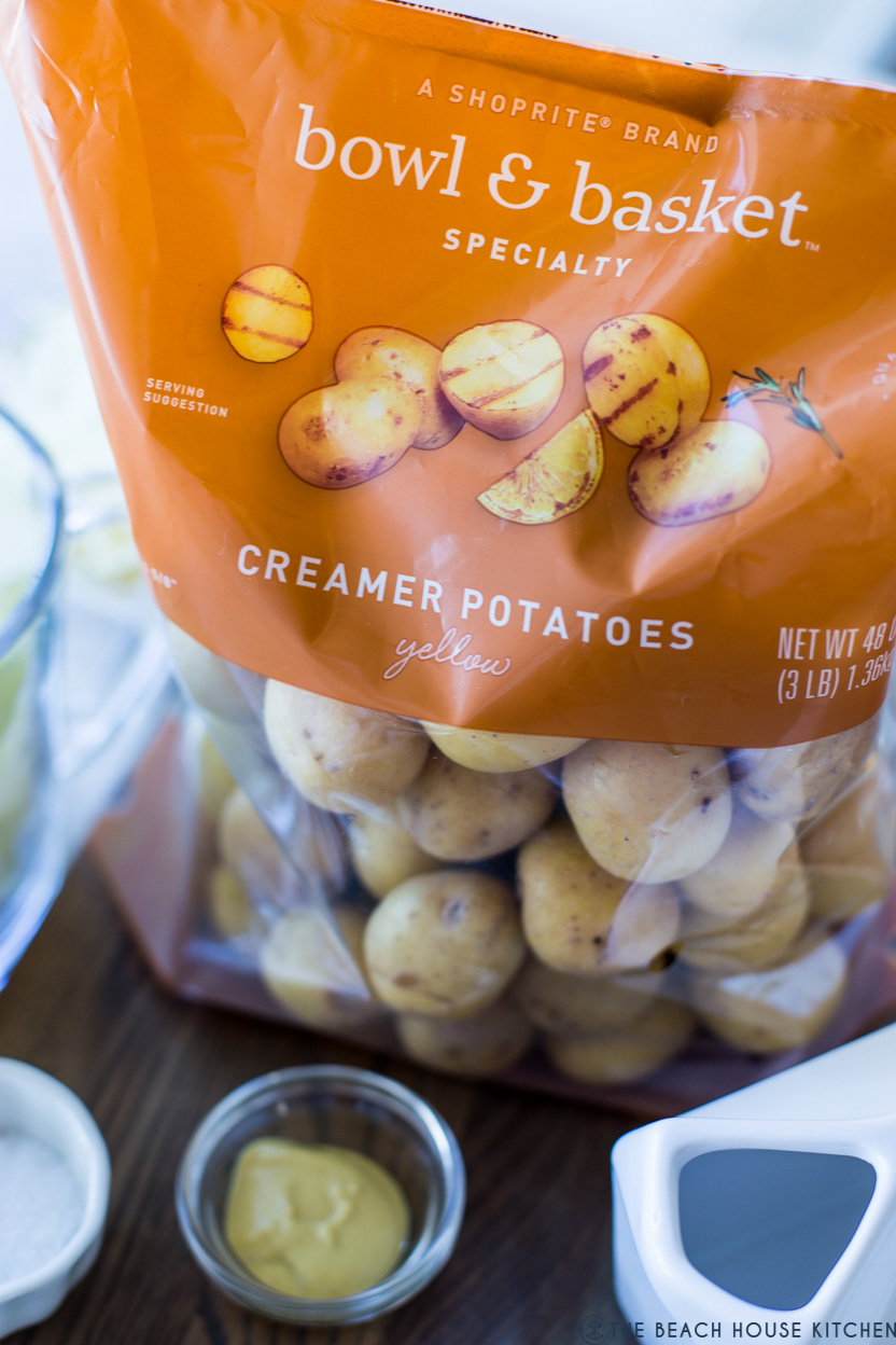Up close photo of a bag of creamer potatoes