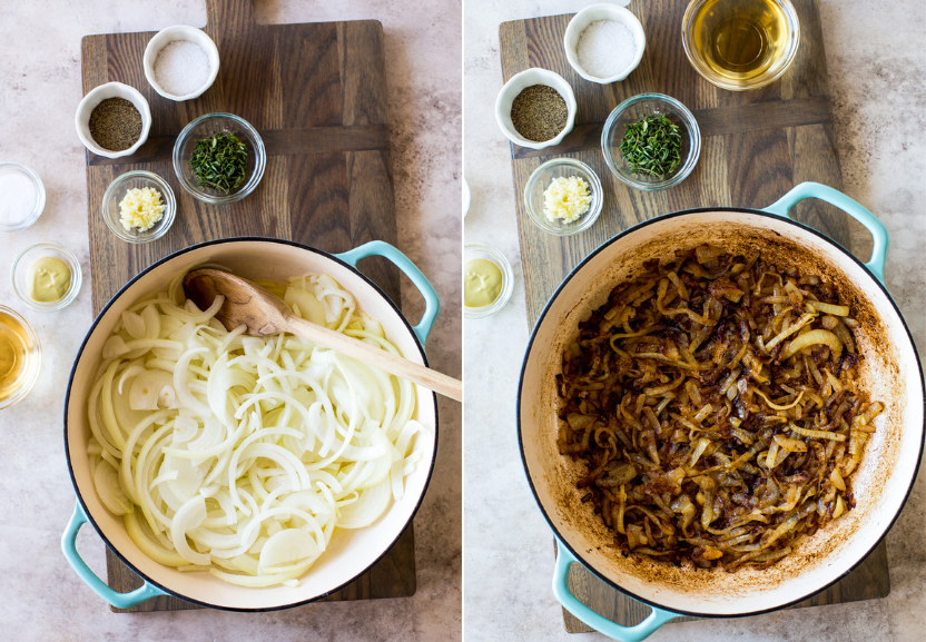 Diptich of onions in a skillet and caramelized onions in a skillet