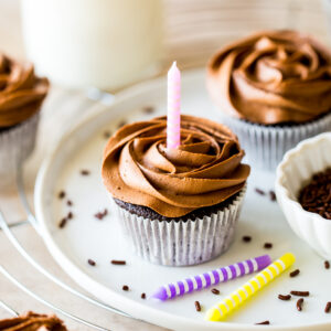 A double chocolate cupcake on a plate with a candle in it