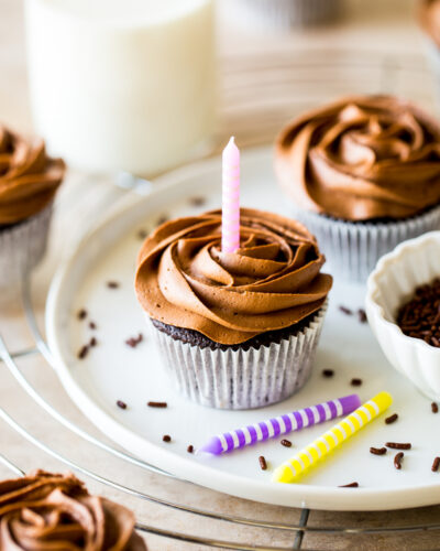 A double chocolate cupcake on a plate with a candle in it
