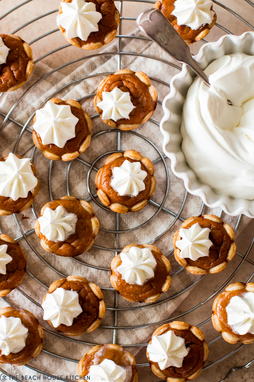 Up close overhead photo of small pumpkin pies topped with whipped cream
