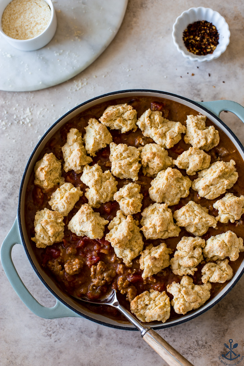 Overhead photo of a biscuit topped Italian sausage pot pie