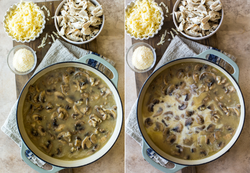 Diptich of a skillet filled with mushrooms and broth and mushrooms and broth and milk