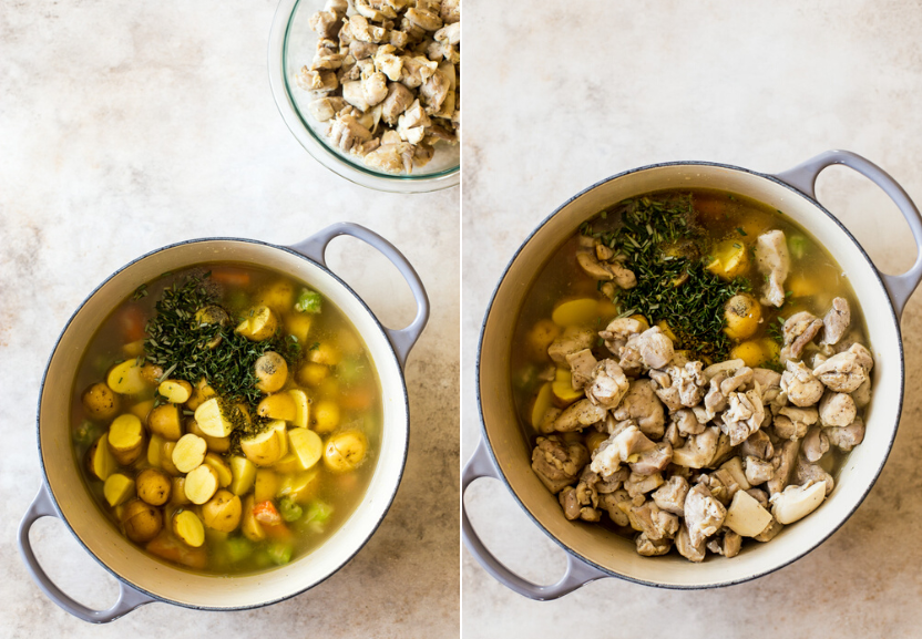 Diptich of a pot of soup with potatoes on the left and a pot of soup topped with cooked chicken on the right