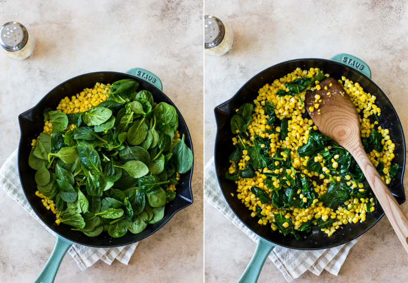 Diptich of a skillet of corn and spinach leaves and a skillet of cooked corn and wilted spinach leaves
