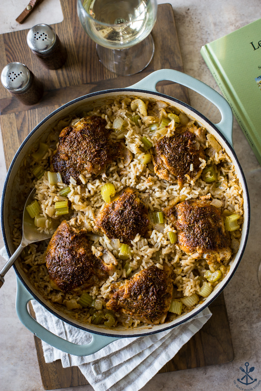 Overhead photo of chicken and rice in a large round skillet