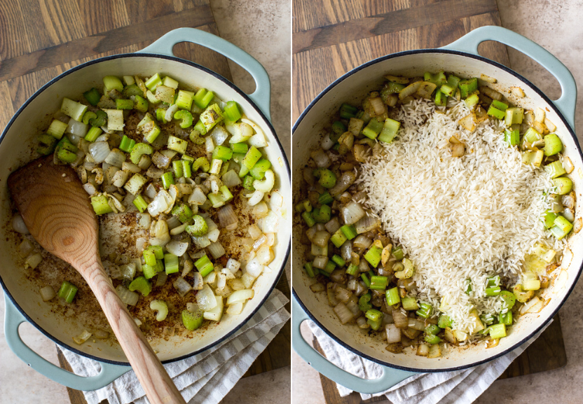 Diptich of skillet of celery and onion and skillet of celery, onion and white rice