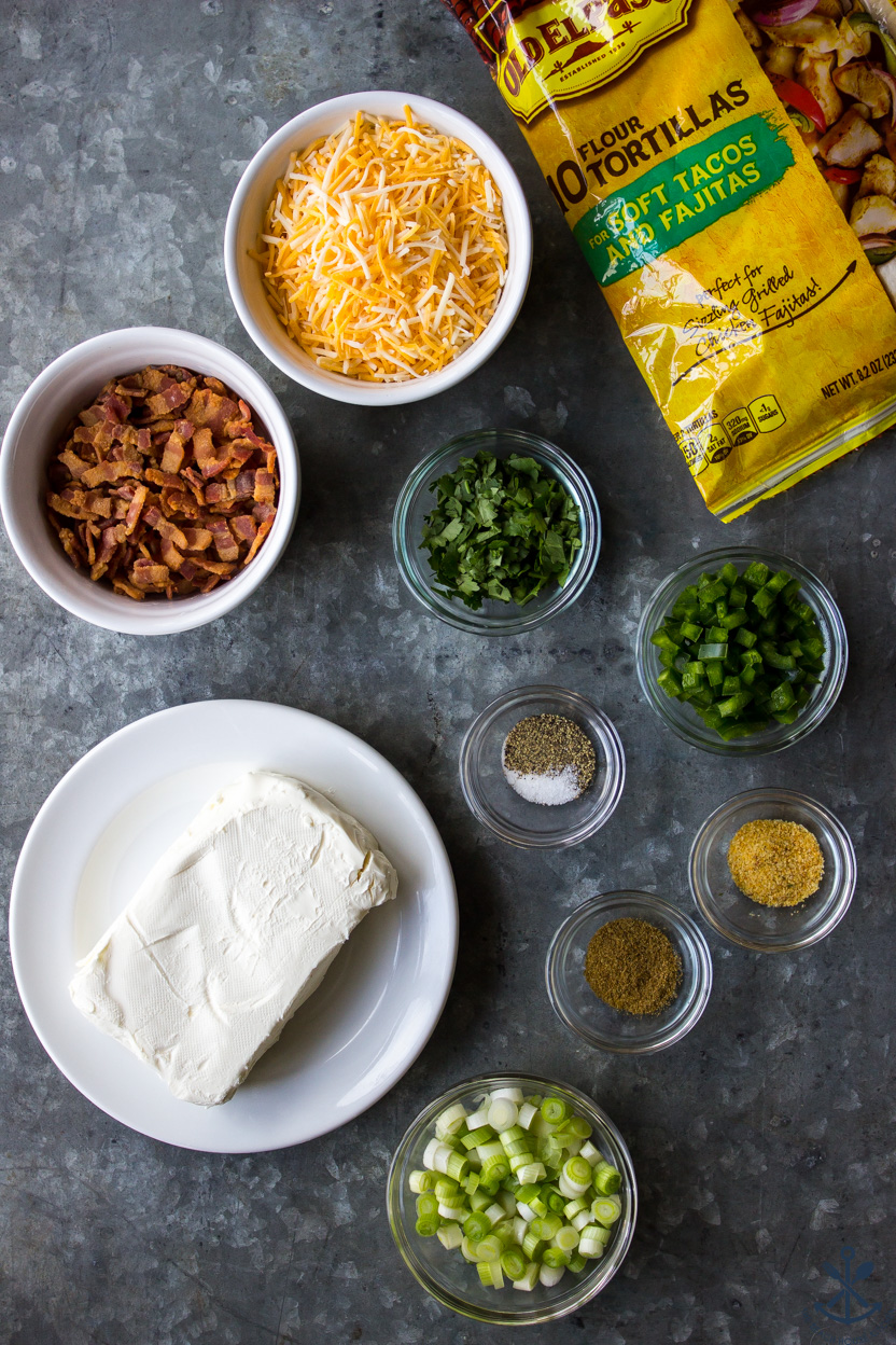 Overhead photo of ingredients for Cheesy Bacon Jalapeño Taquitos