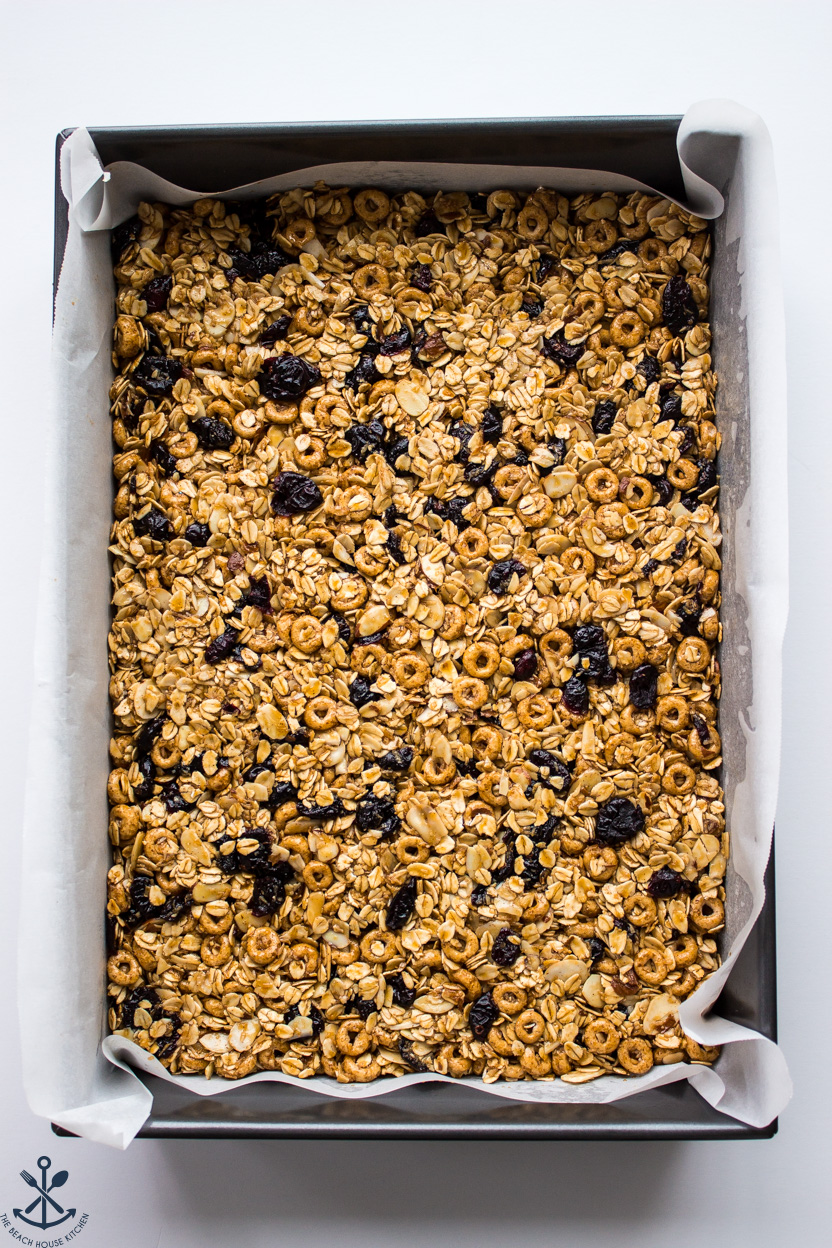 Overhead photo of a pan of Chewy White Chocolate Dipped Blueberry Granola Bars