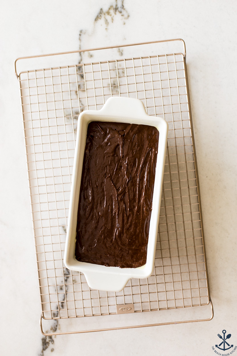 Overhead photo of a pre-baked chocolate loaf cake
